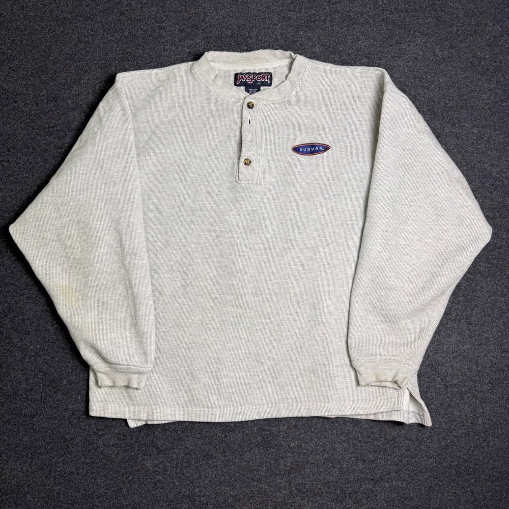 Vintage JanSport Henley Sweatshirt Mens L Gray Auburn University Ribbed Pullover